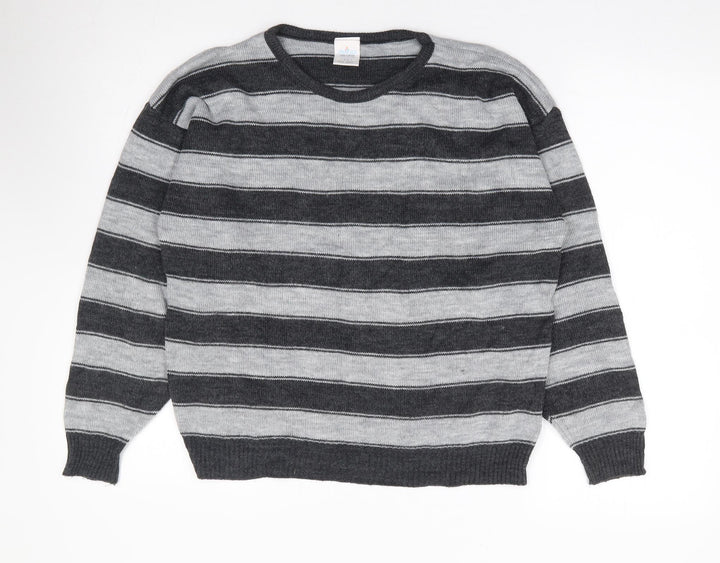 Littlewoods Womens Grey Round Neck Striped Acrylic Pullover Jumper Size 14