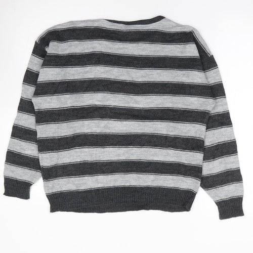 Littlewoods Womens Grey Round Neck Striped Acrylic Pullover Jumper Size 14