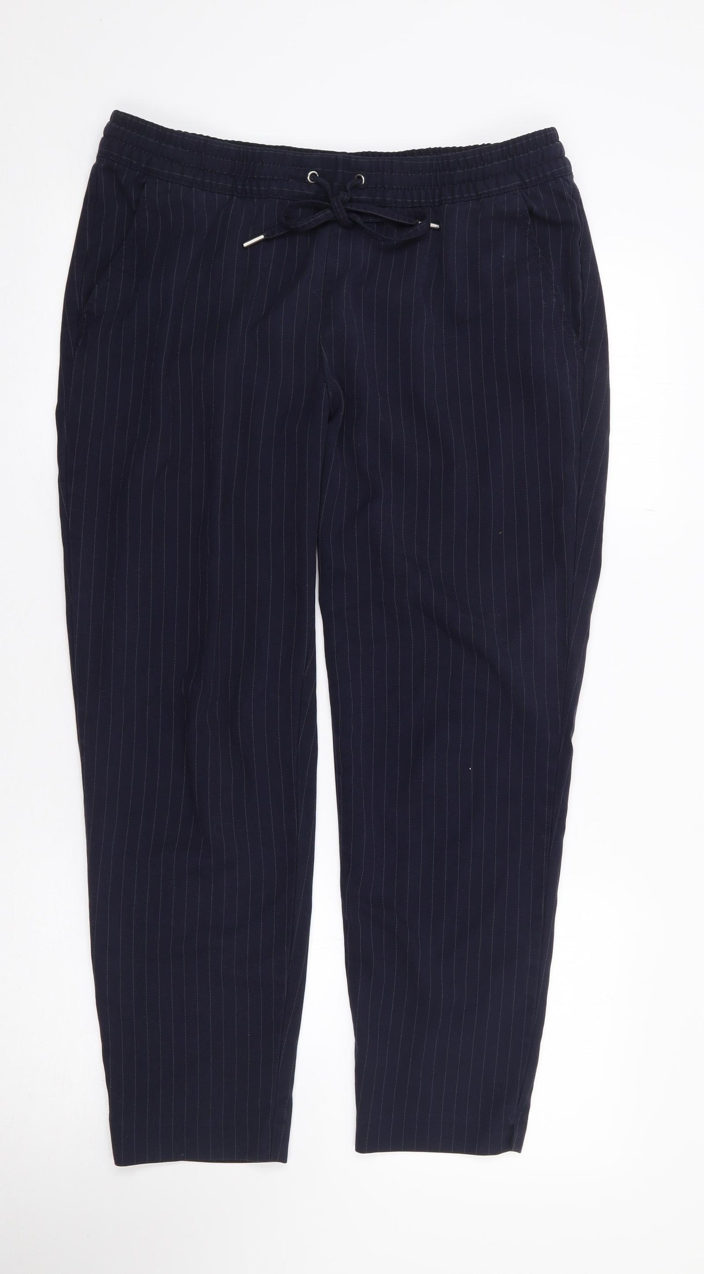 H&M  Womens Blue Striped Polyester Trousers  Size 14 L27 in Regular Drawstring