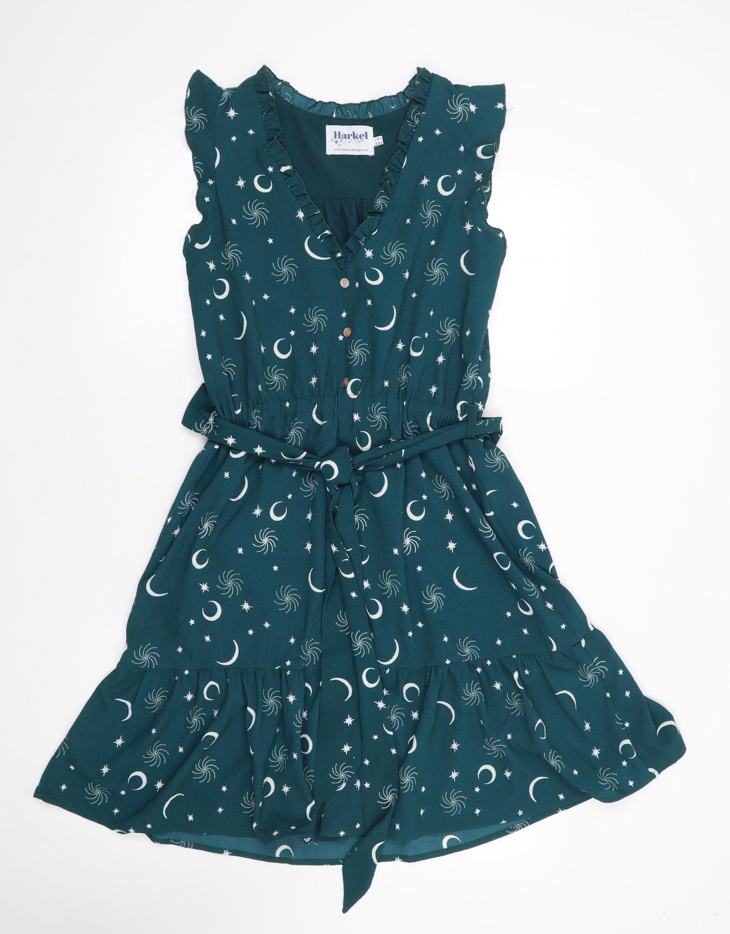 Harkel Womens Green Geometric Polyester Fit & Flare  Size 8  V-Neck Button - Moon
