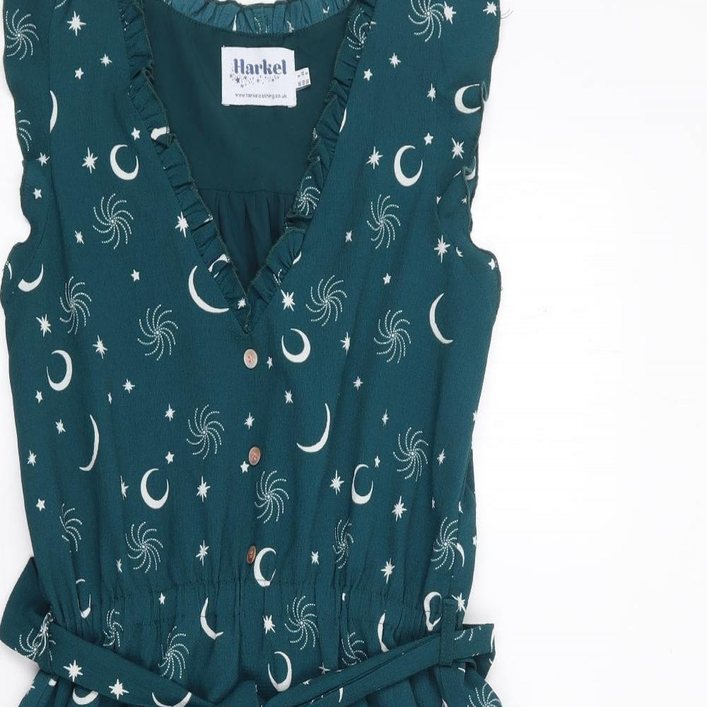 Harkel Womens Green Geometric Polyester Fit & Flare  Size 8  V-Neck Button - Moon