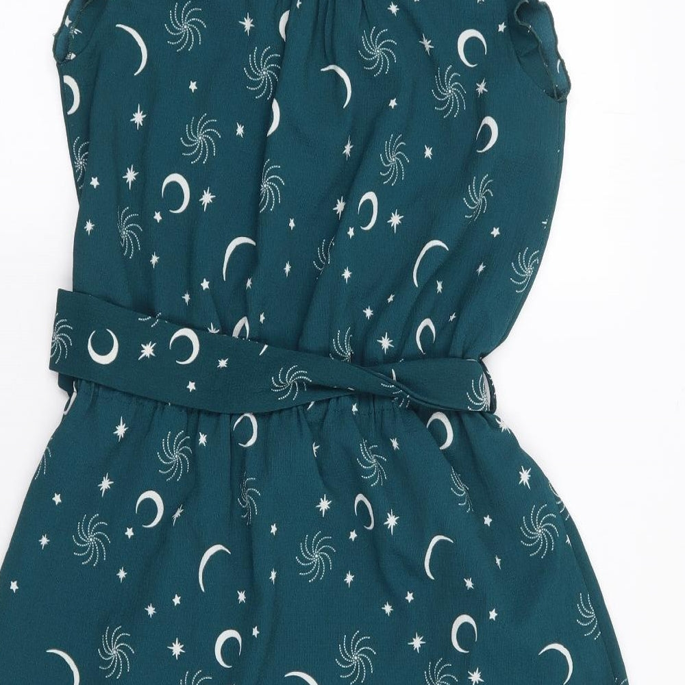 Harkel Womens Green Geometric Polyester Fit & Flare  Size 8  V-Neck Button - Moon