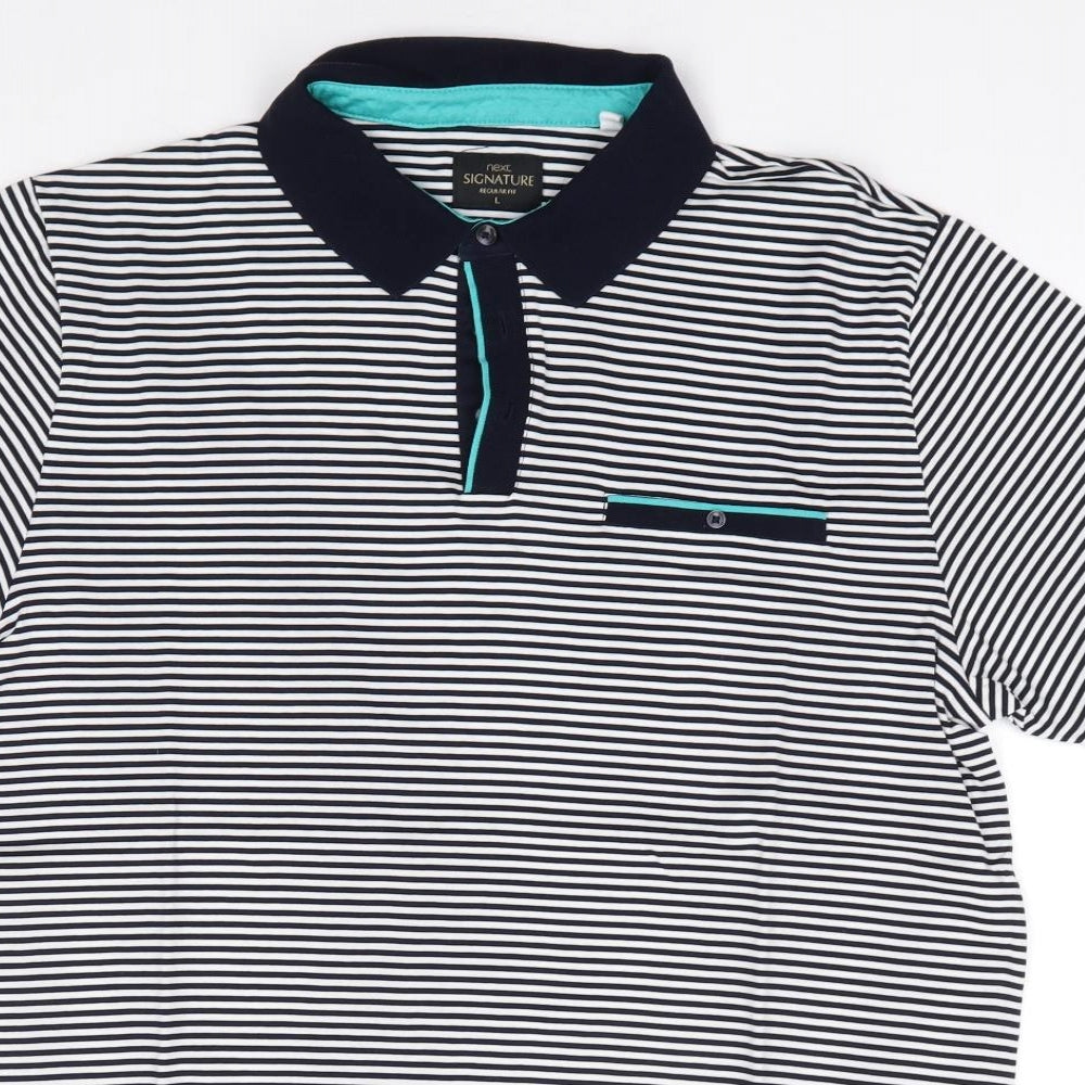 NEXT Mens Blue Striped 100% Cotton  Polo Size L Collared Pullover