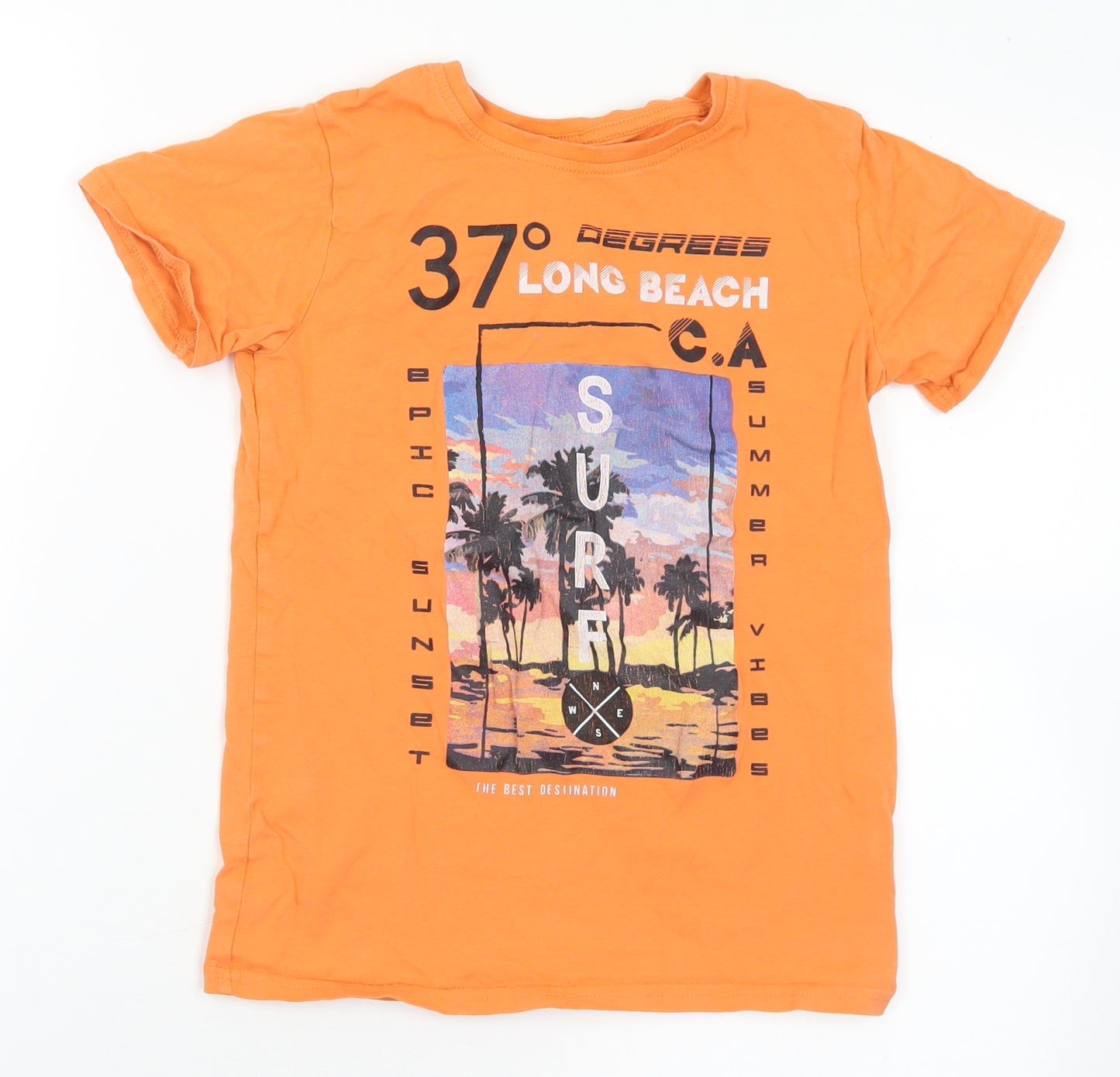Dunnes Stores Boys Orange  Cotton Basic T-Shirt Size 8-9 Years Crew Neck  - Beach