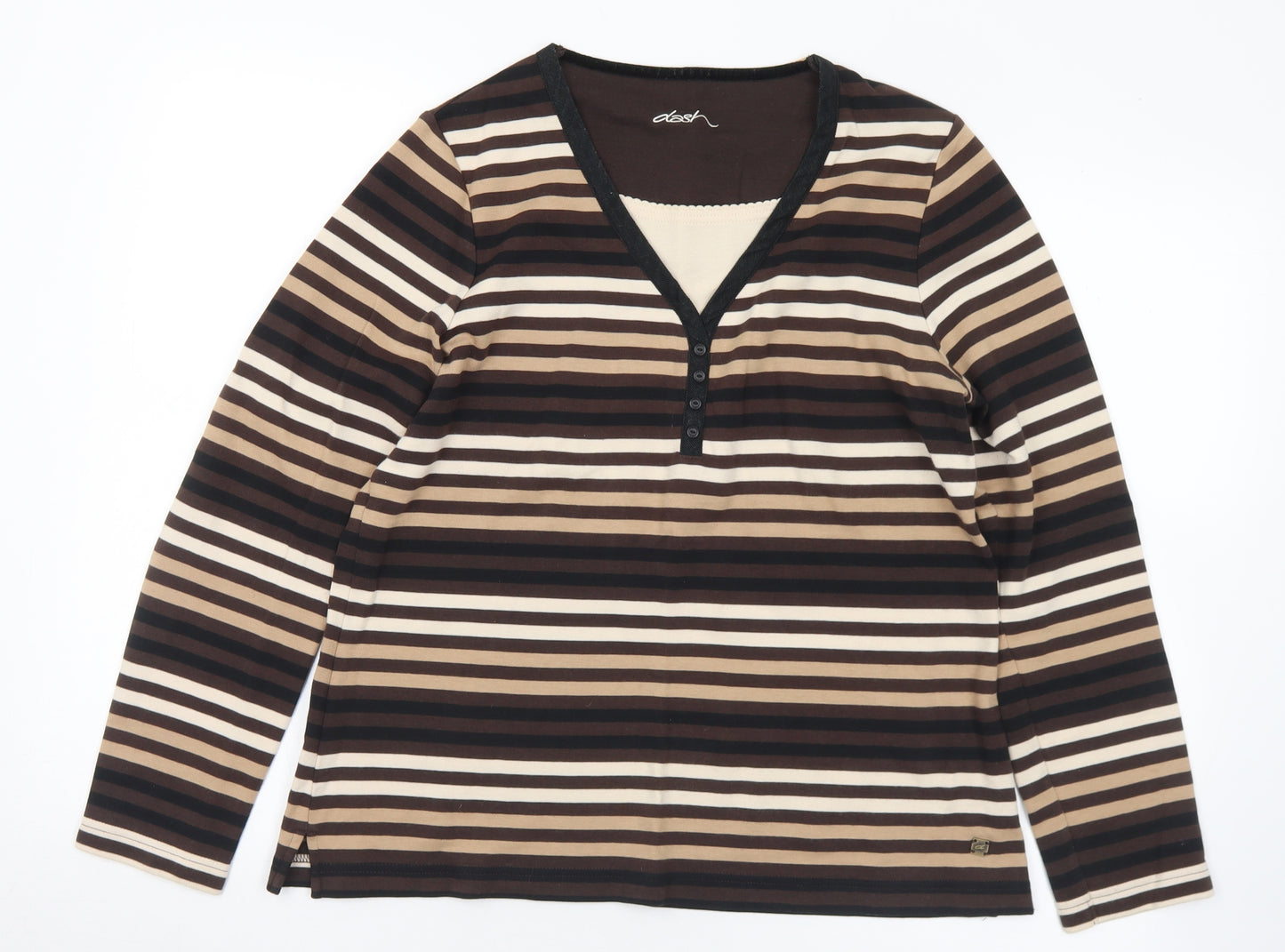 DASH Womens Brown V-Neck Striped Cotton Pullover Jumper Size 12
