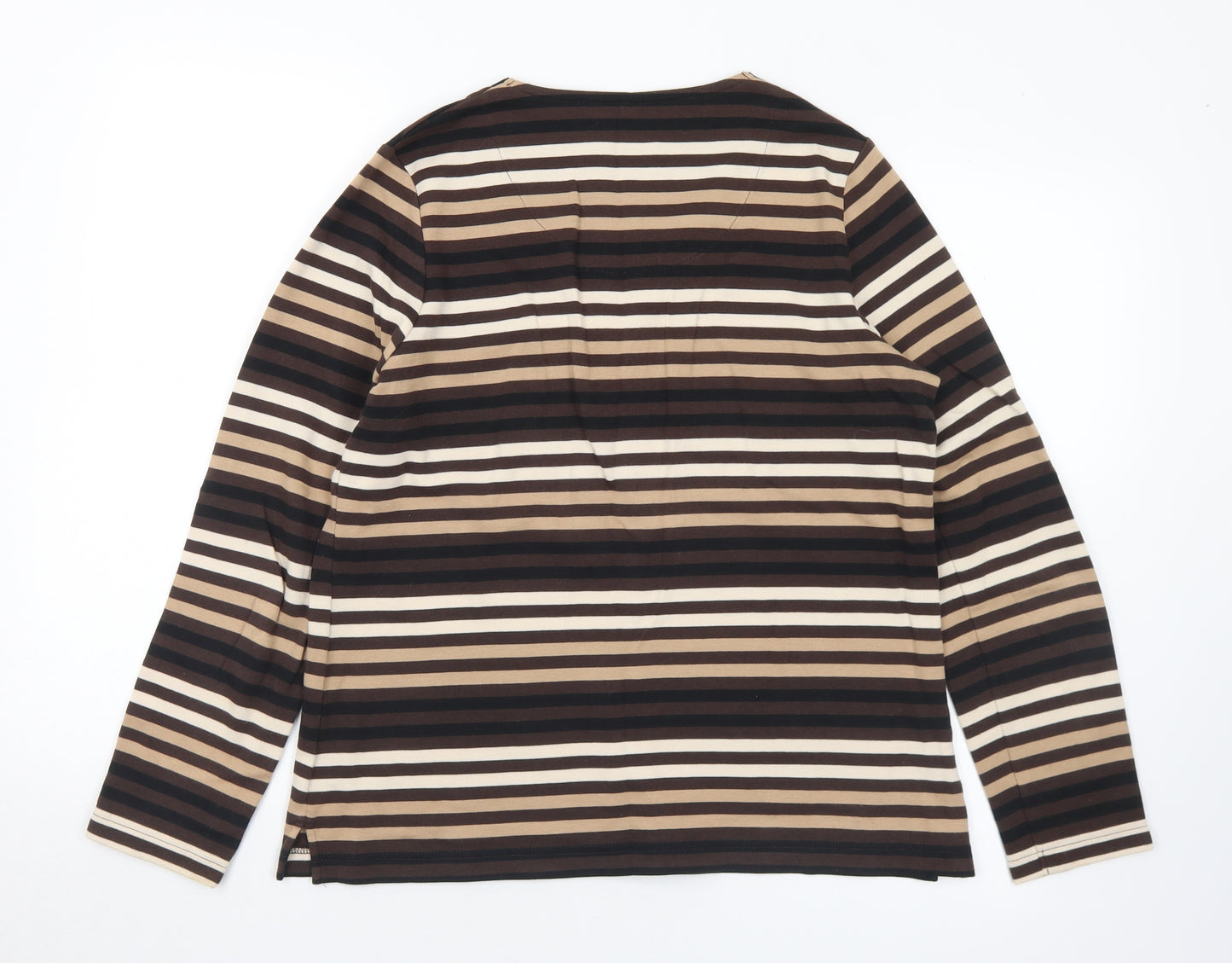 DASH Womens Brown V-Neck Striped Cotton Pullover Jumper Size 12