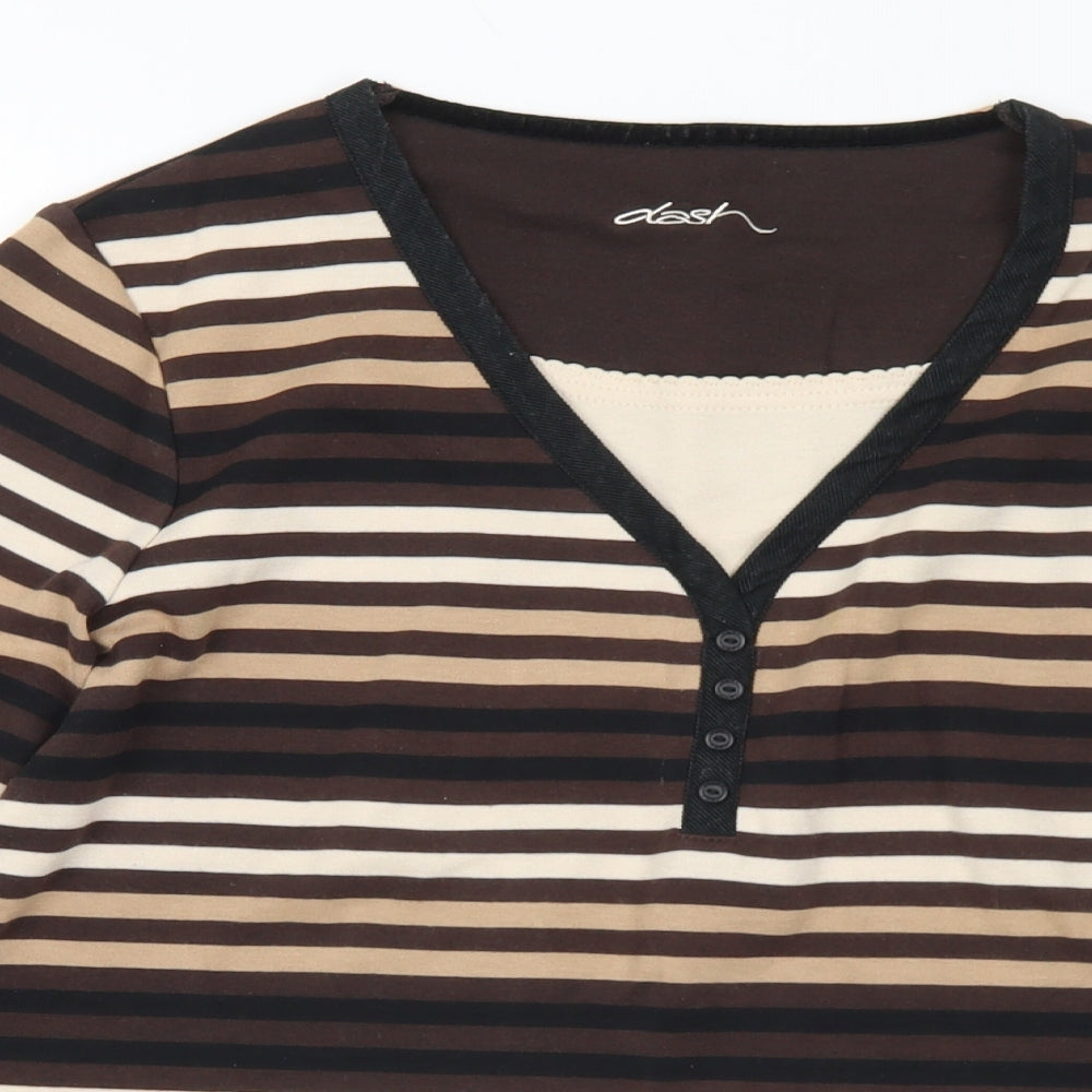 DASH Womens Brown V-Neck Striped Cotton Pullover Jumper Size 12