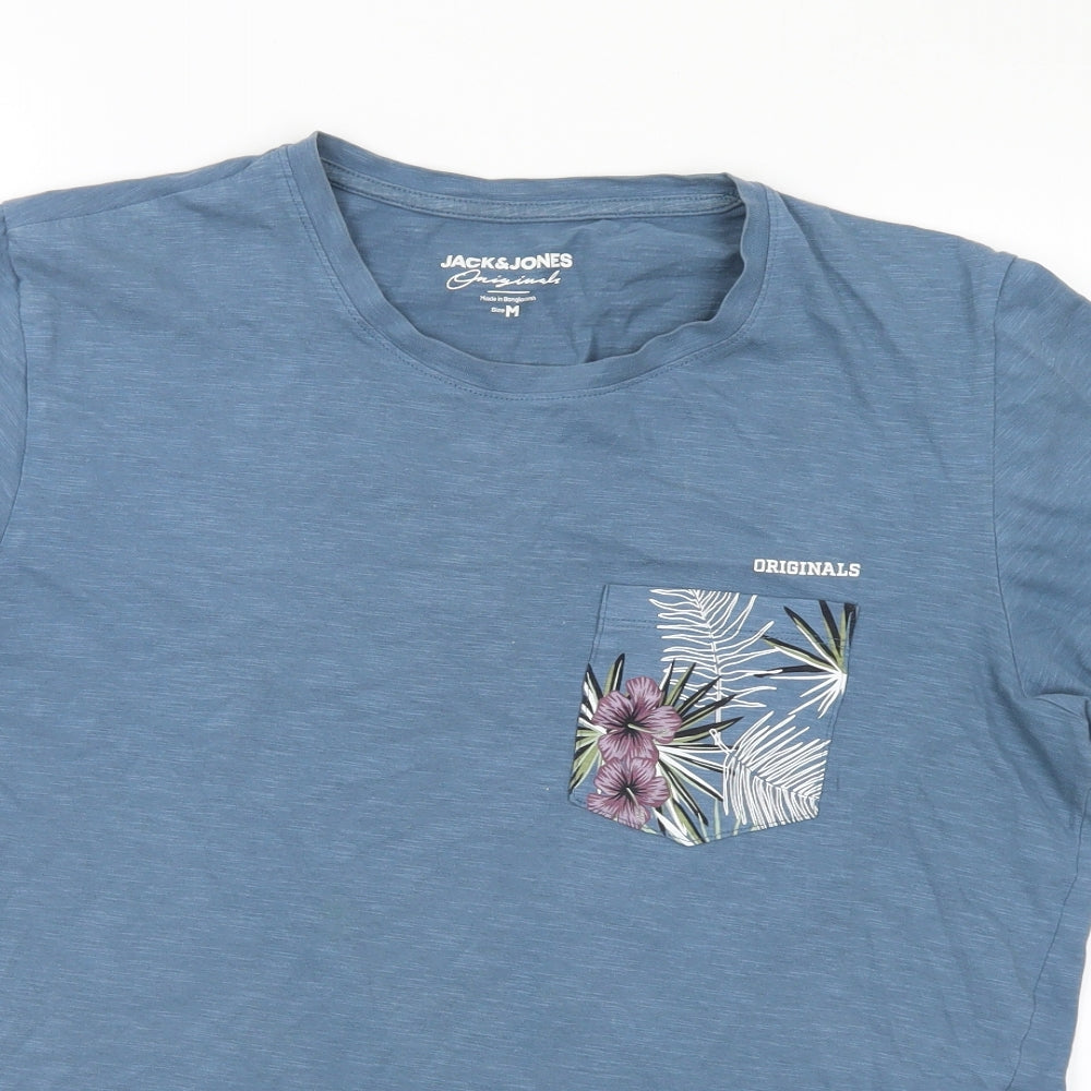 JACK & JONES Mens Blue Floral Cotton  T-Shirt Size M Round Neck