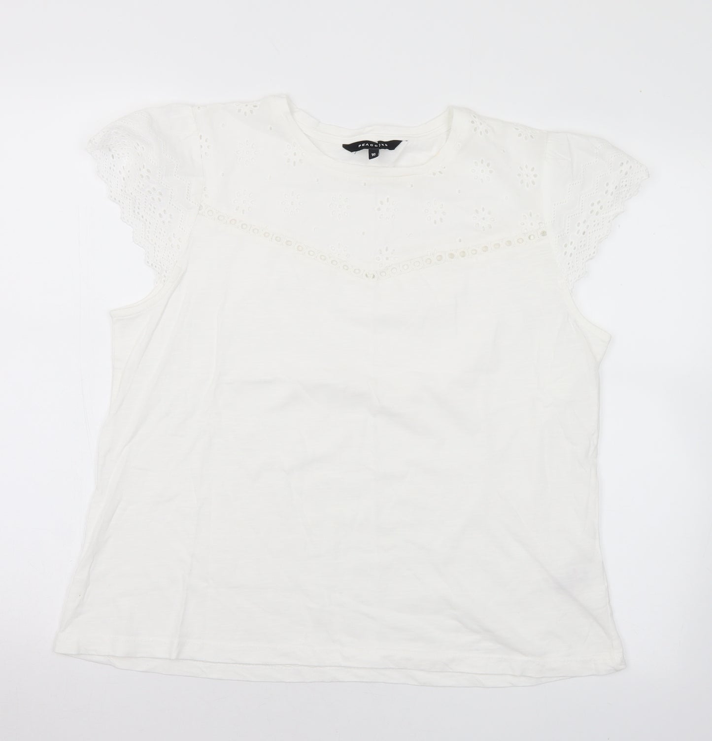 Peacocks Womens White  Cotton Basic T-Shirt Size 16 Round Neck