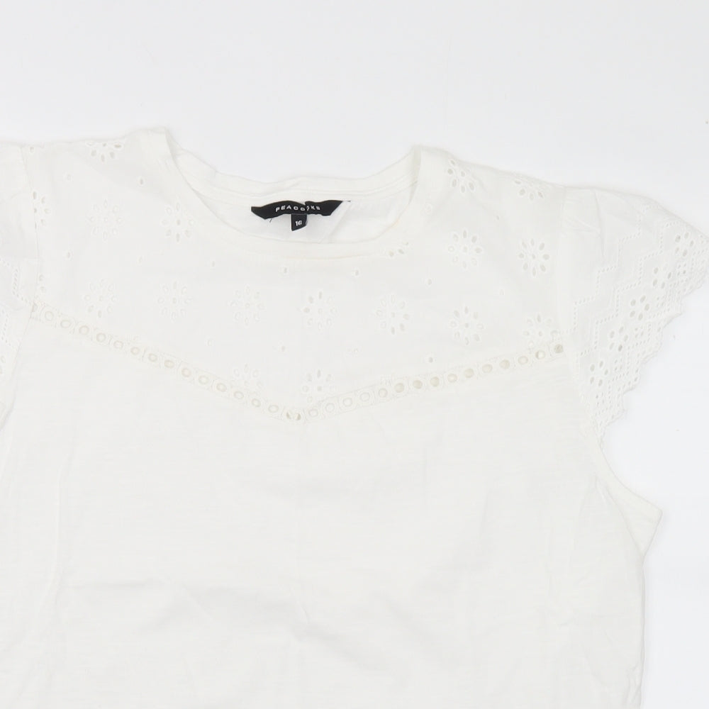 Peacocks Womens White  Cotton Basic T-Shirt Size 16 Round Neck