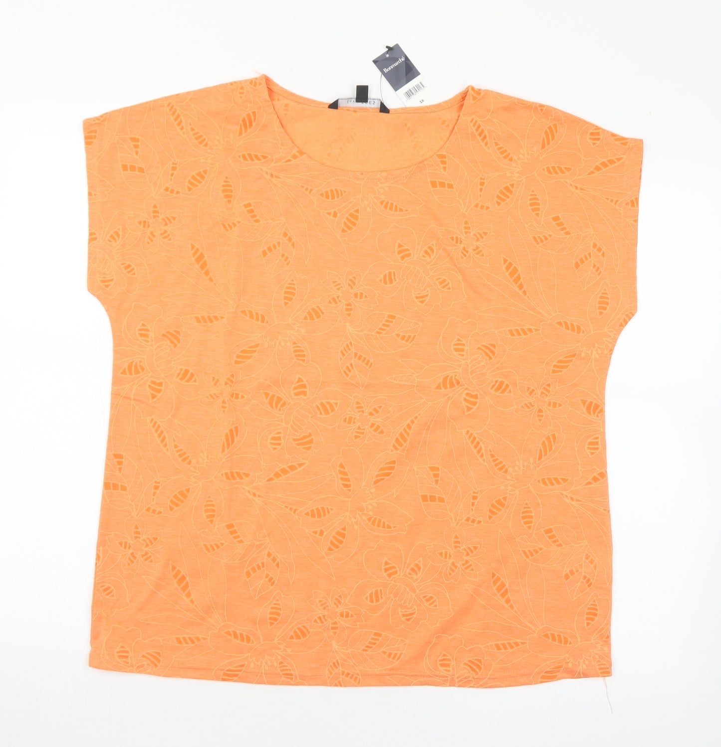 Bonmarché Womens Orange Floral Polyester Basic T-Shirt Size 16 Round Neck