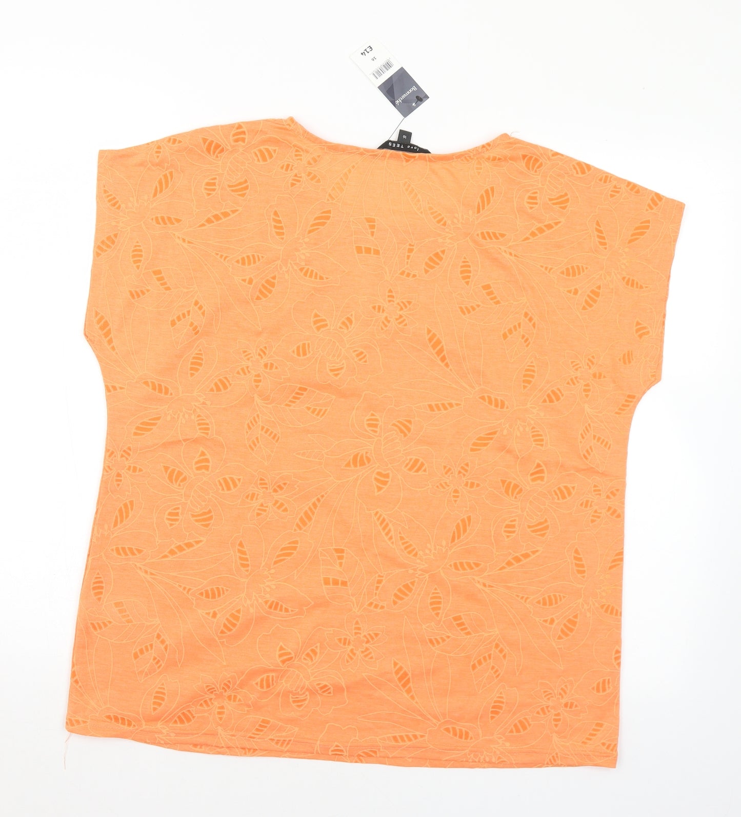 Bonmarché Womens Orange Floral Polyester Basic T-Shirt Size 16 Round Neck