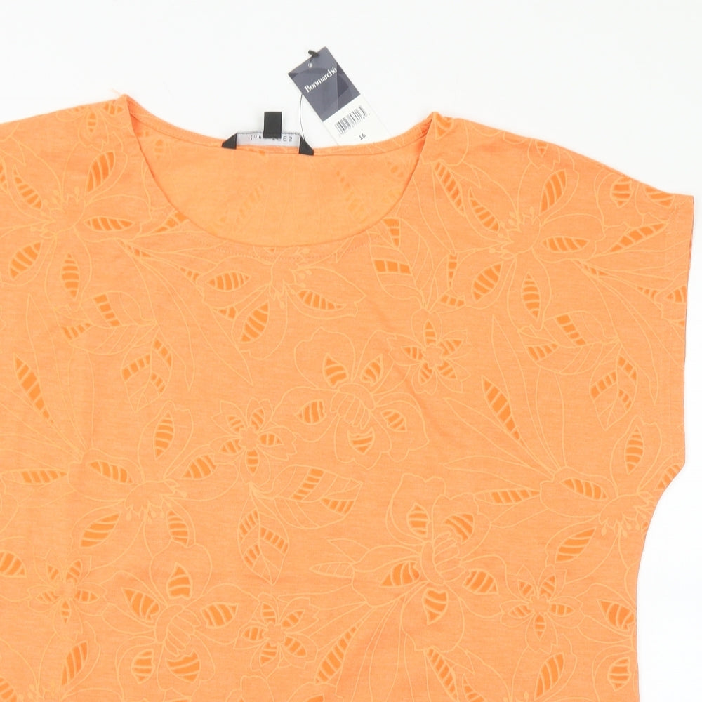 Bonmarché Womens Orange Floral Polyester Basic T-Shirt Size 16 Round Neck