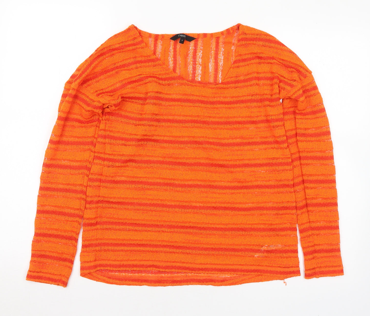 NEXT Womens Orange Scoop Neck Striped Polyester Pullover Jumper Size 6   - Sheer