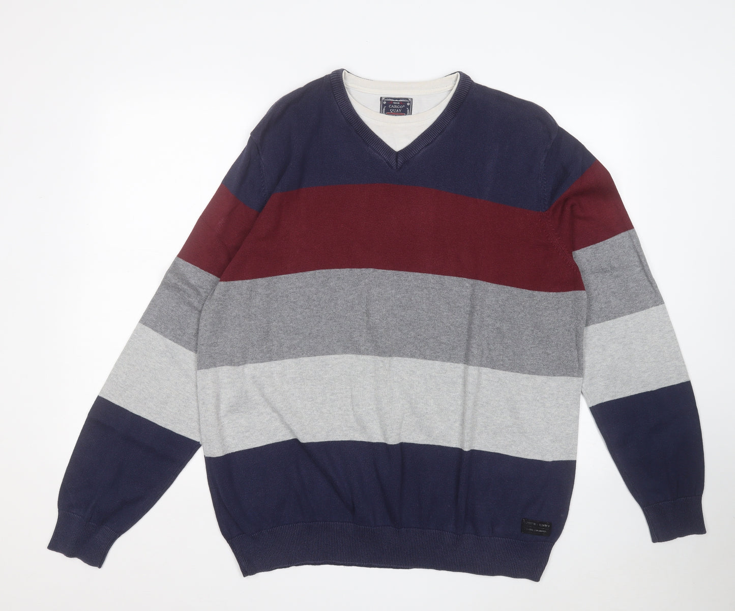 Cargo Quay Mens Multicoloured Round Neck Striped Cotton Pullover Jumper Size 2XL
