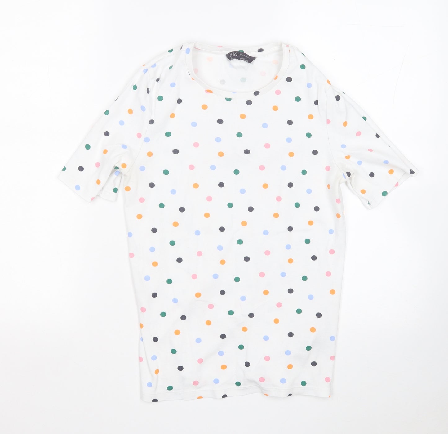 Marks and Spencer Womens White Polka Dot Cotton Basic T-Shirt Size 12 Round Neck