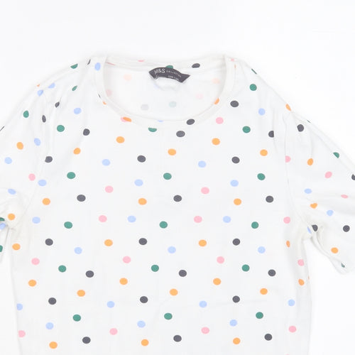 Marks and Spencer Womens White Polka Dot Cotton Basic T-Shirt Size 12 Round Neck