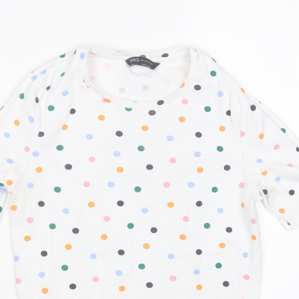 Marks and Spencer Womens White Polka Dot Cotton Basic T-Shirt Size 12 Round Neck