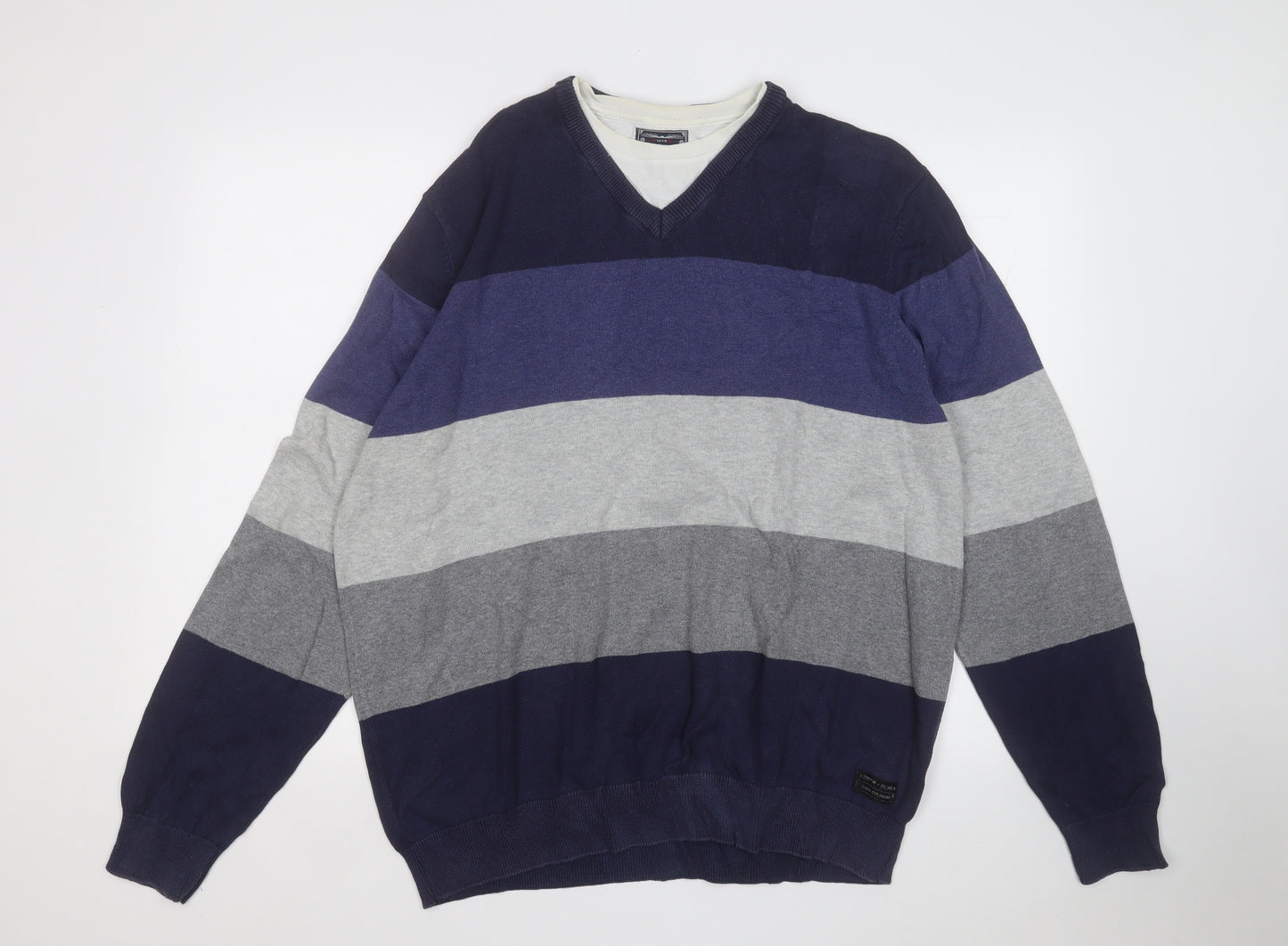 Cargo Quay Mens Multicoloured Round Neck Striped Cotton Pullover Jumper Size 2XL