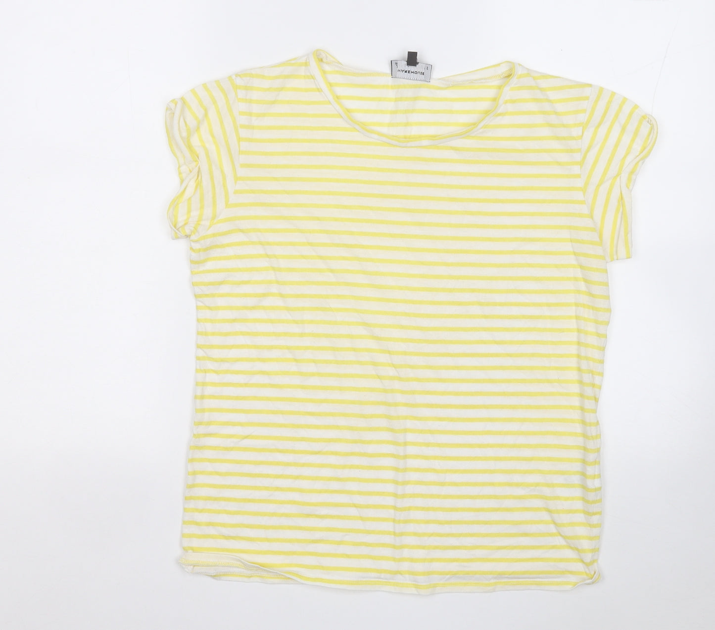 Warehouse Womens Yellow Striped Cotton Basic T-Shirt Size 12 Round Neck