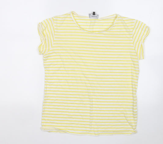 Front view of Warehouse women’s yellow striped cotton basic t-shirt, size UK 12, round neck