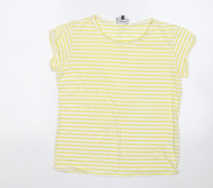 Warehouse Womens Yellow Striped Cotton Basic T-Shirt Size 12 Round Neck