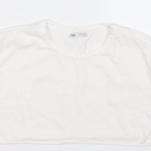 Zara Womens White Floral Cotton Basic T-Shirt Size L Round Neck