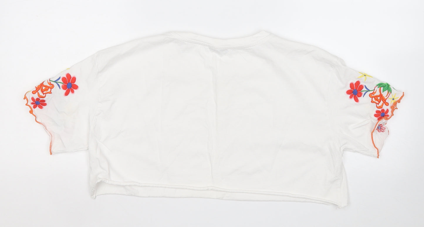 Zara Womens White Floral Cotton Basic T-Shirt Size L Round Neck