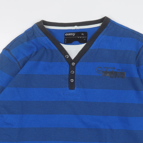 Easy Mens Blue Round Neck Striped Cotton Pullover Jumper Size XL