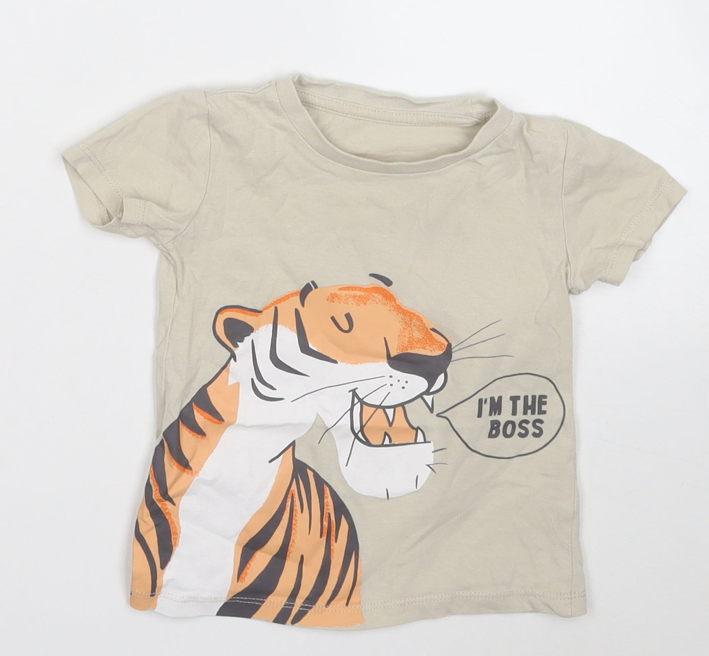 Dunnes Stores Boys Beige  Cotton Basic T-Shirt Size 9-12 Months Round Neck  - Tiger I'm the boss