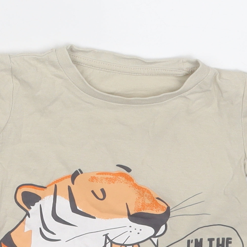 Dunnes Stores Boys Beige  Cotton Basic T-Shirt Size 9-12 Months Round Neck  - Tiger I'm the boss