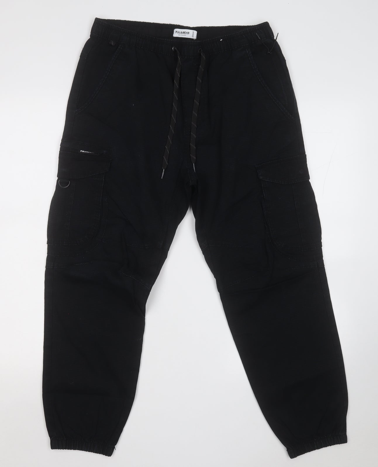 Pull&Bear Mens Black Cotton Cargo Trousers Size M L26 in Regular