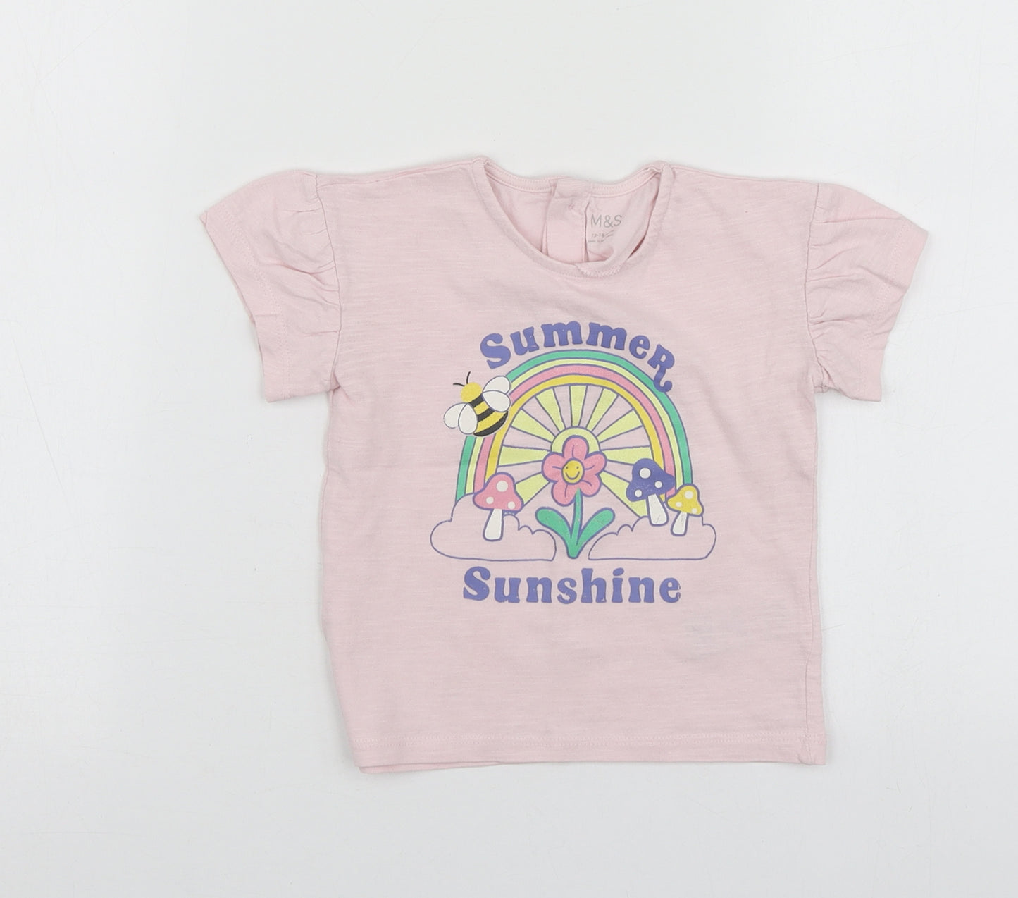 M&S Girls Pink Geometric Cotton Basic T-Shirt Size 12-18 Months Round Neck