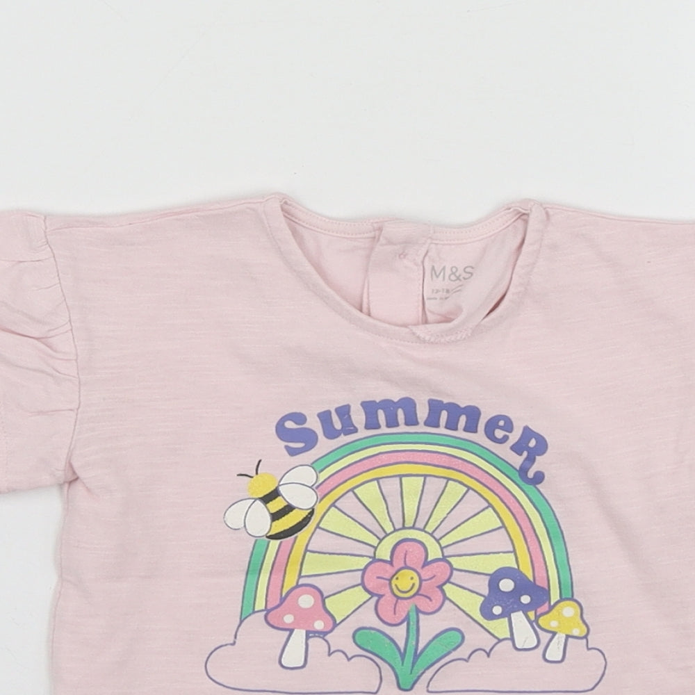 M&S Girls Pink Geometric Cotton Basic T-Shirt Size 12-18 Months Round Neck