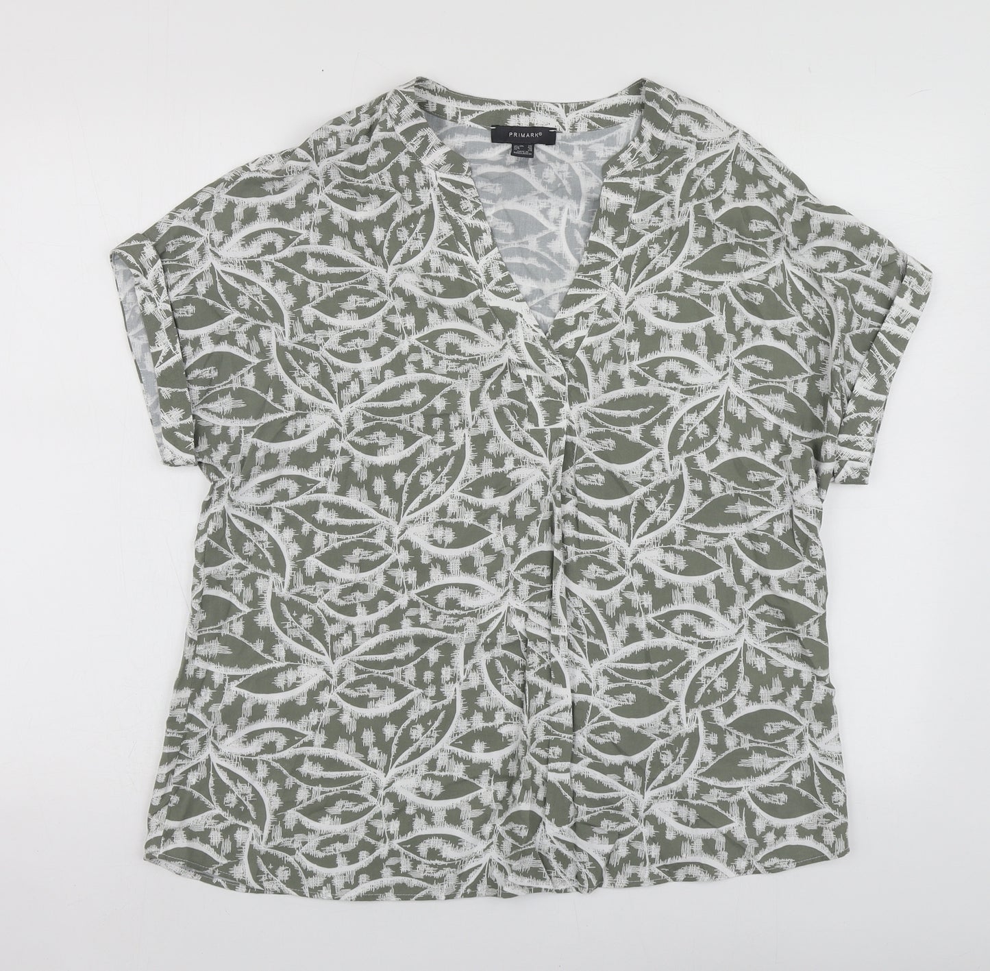 Primark Womens Green Geometric Polyester Basic Blouse Size 14 V-Neck
