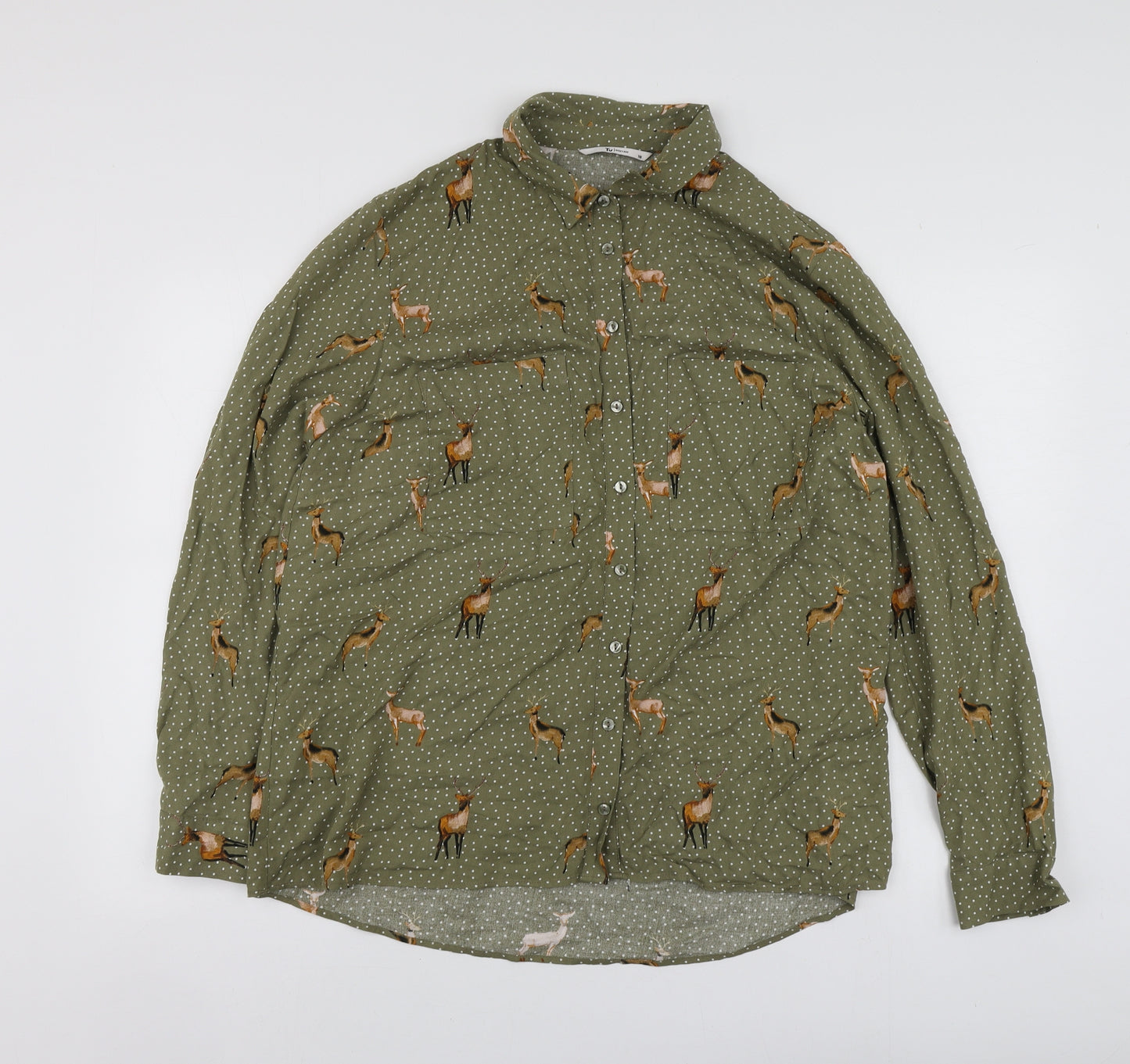 TU Womens Green Polka Dot Viscose Basic Button-Up Size 18 Collared - Deer