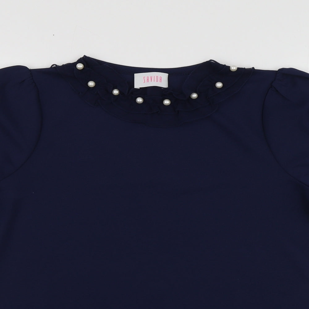 Savida Womens Blue Polyester Basic Blouse Size S Round Neck