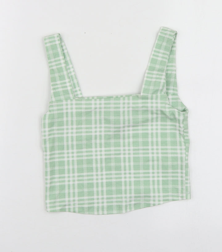 New Look Girls Green Plaid Cotton Basic T-Shirt Size 10-11 Years Square Neck