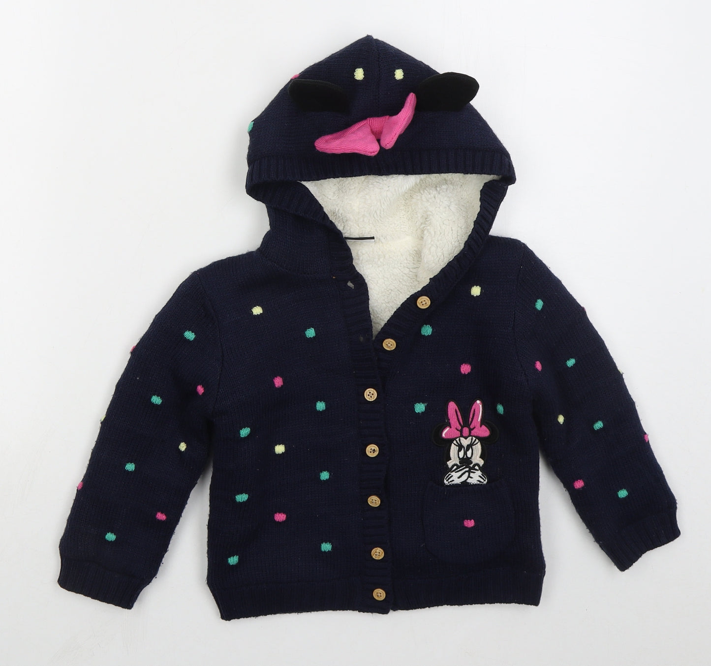 George Girls Blue High Neck Polka Dot Acrylic Cardigan Jumper Size 3-4 Years  Button - Minnie Mouse