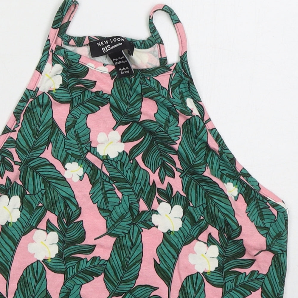 New Look Girls Pink Floral Viscose Cropped Tank Size 12-13 Years Halter Pullover