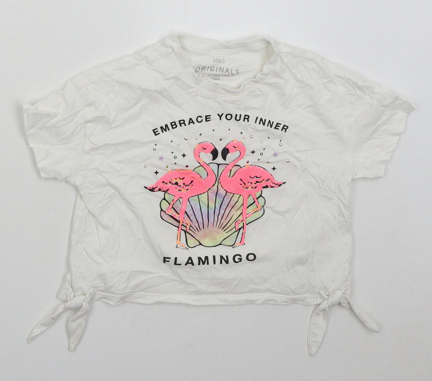 Marks and Spencer Girls White  Cotton Cropped T-Shirt Size 8-9 Years Crew Neck Pullover - Embrace your Inner Flamingo