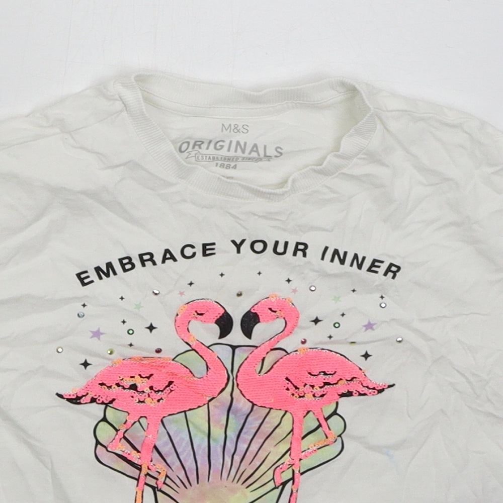 Marks and Spencer Girls White  Cotton Cropped T-Shirt Size 8-9 Years Crew Neck Pullover - Embrace your Inner Flamingo