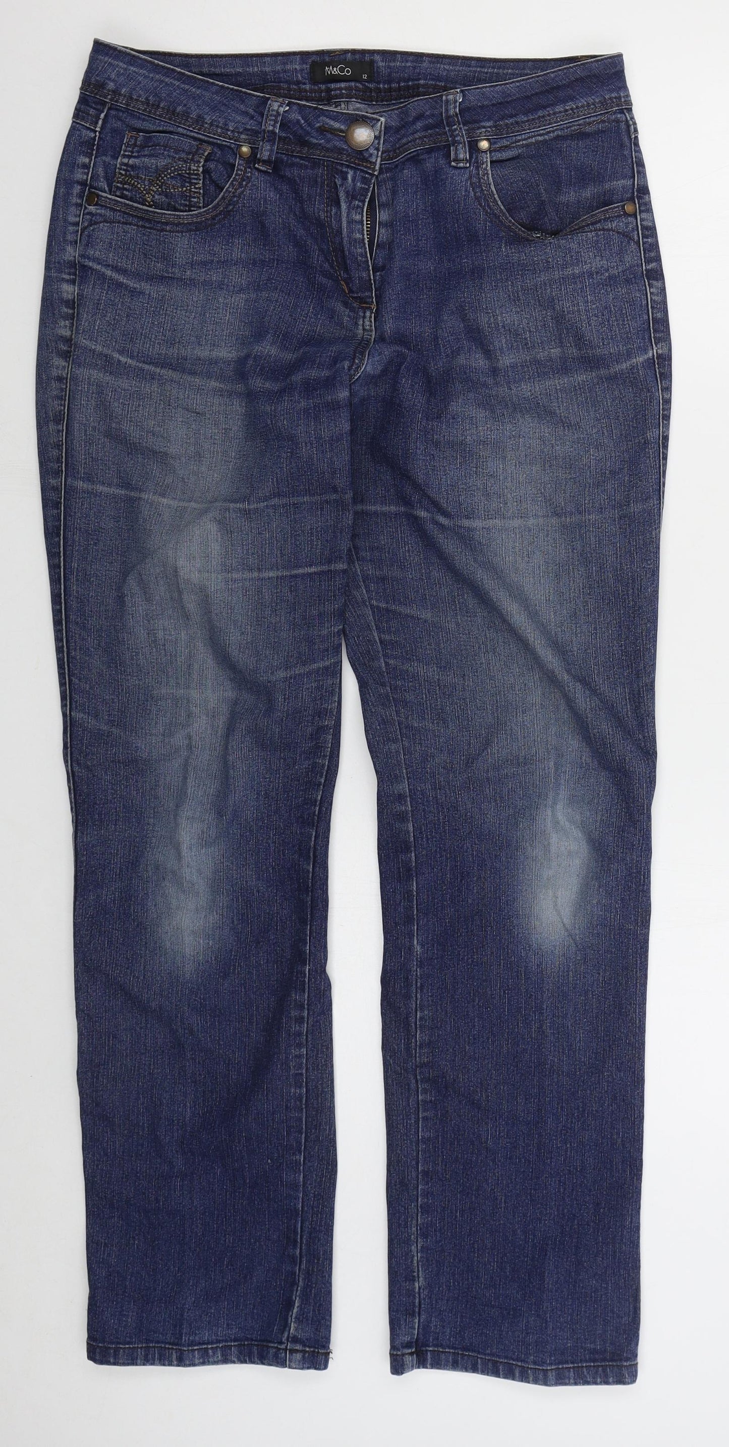 M&Co Womens Blue  Cotton Straight Jeans Size 12 L29 in Regular Button