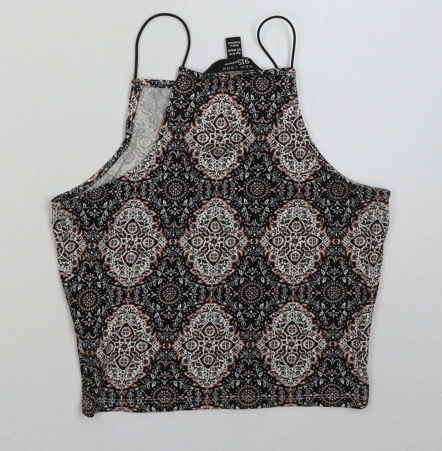 New Look Girls Black Geometric Cotton Cropped Tank Size 12-13 Years Halter Pullover