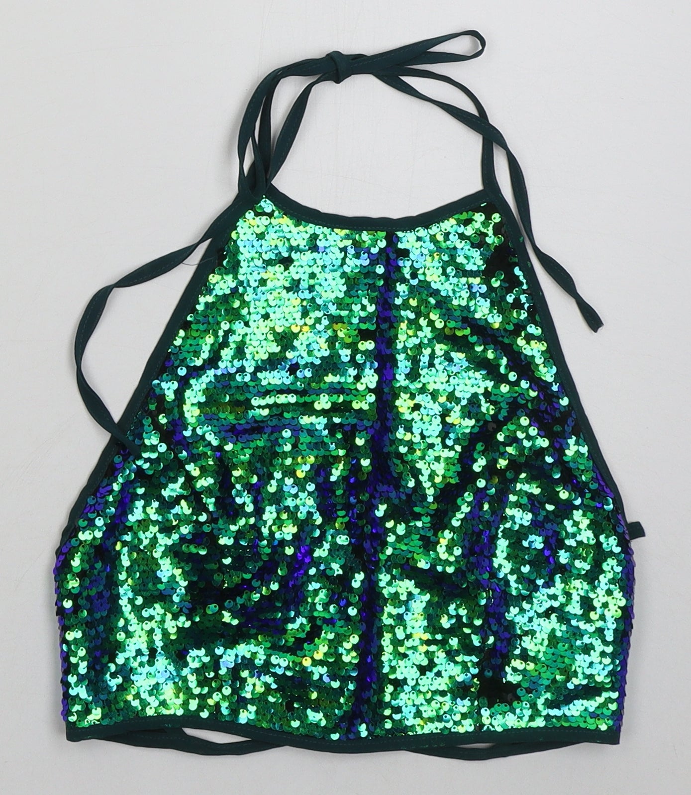 PRETTYLITTLETHING Womens Green  Polyester Cropped Tank Size 8 Halter - Blue Green Sequins