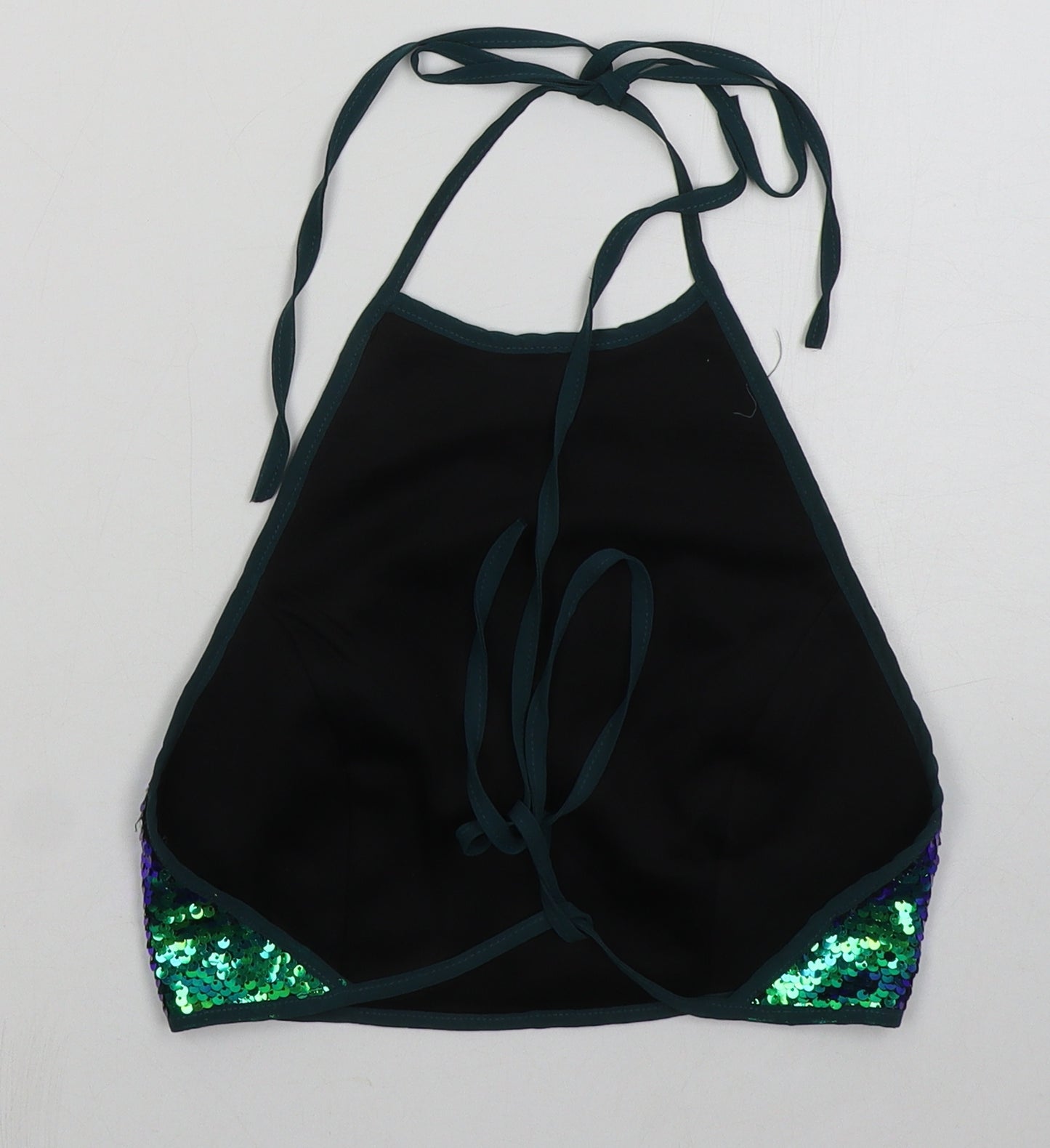PRETTYLITTLETHING Womens Green  Polyester Cropped Tank Size 8 Halter - Blue Green Sequins