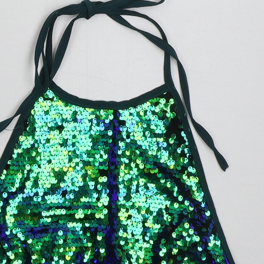 PRETTYLITTLETHING Womens Green  Polyester Cropped Tank Size 8 Halter - Blue Green Sequins
