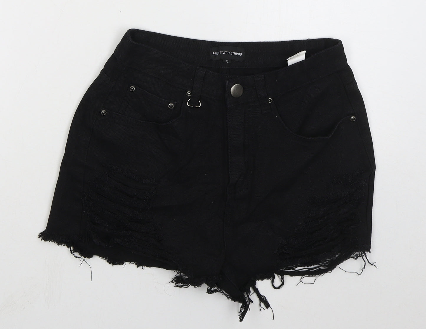 PRETTYLITTLETHING Womens Black  Cotton Cut-Off Shorts Size 8  Regular Button