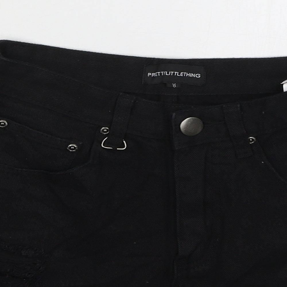 PRETTYLITTLETHING Womens Black  Cotton Cut-Off Shorts Size 8  Regular Button