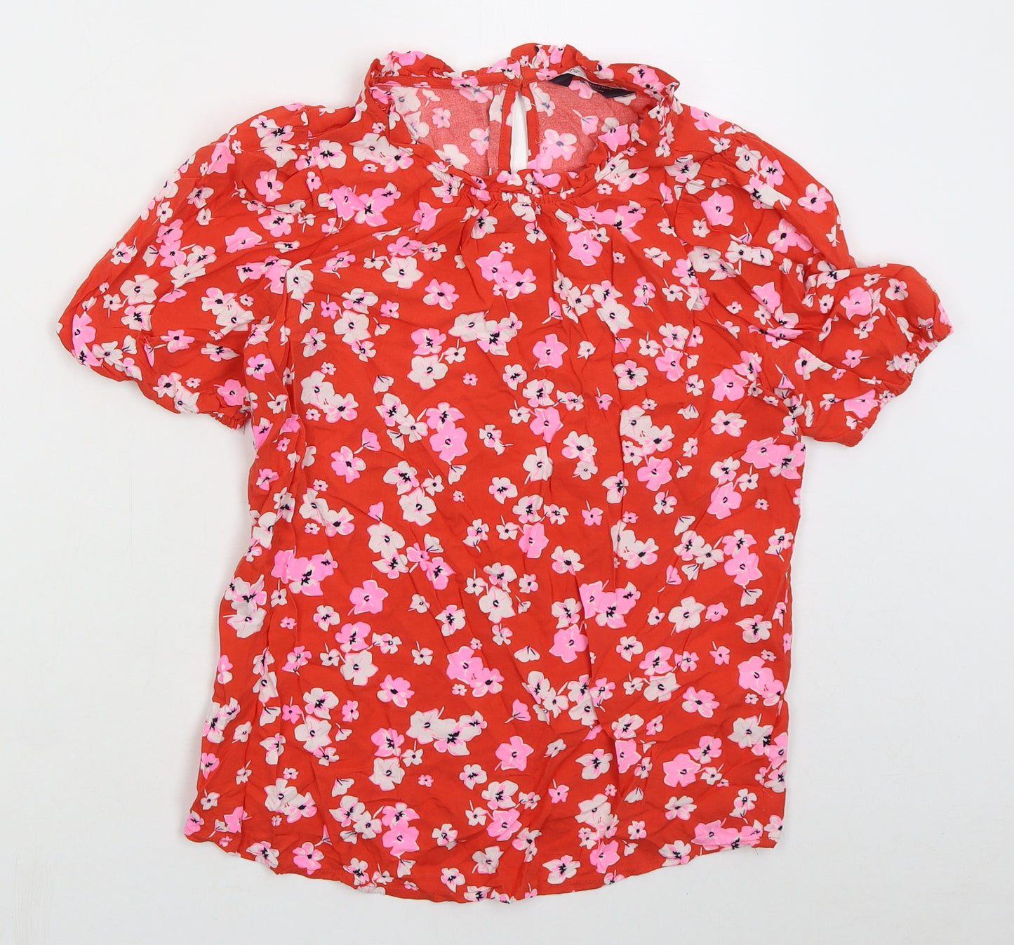 Marks and Spencer Womens Red Floral Viscose Basic T-Shirt Size 6 Round Neck
